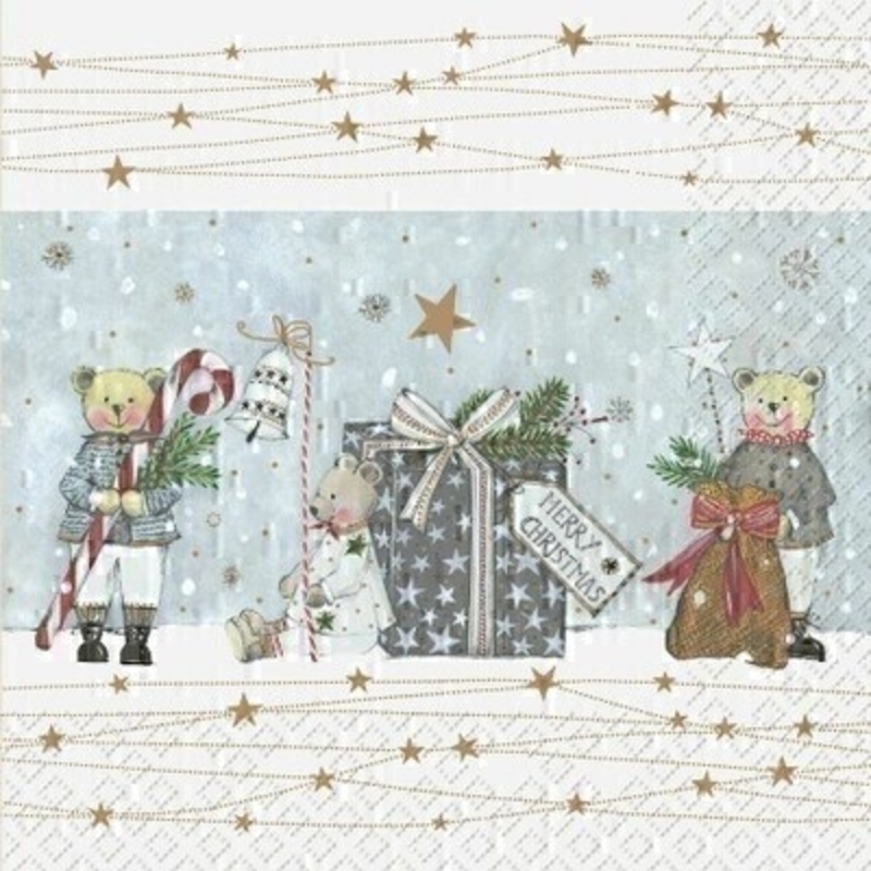 Silver festive Christmas roll wrap paper by Swiss designer Stewo featuring cute teddy bears and christmas presents. Coated 80gsm Christmas wrapping paper. Approx size of roll 70cm x 2metres.